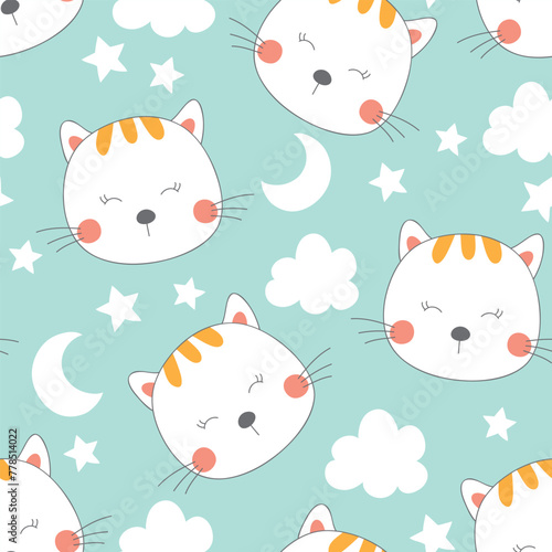 Cute cat seamless pattern. Baby background with cats, moon, stars and clouds. Vector illustration.