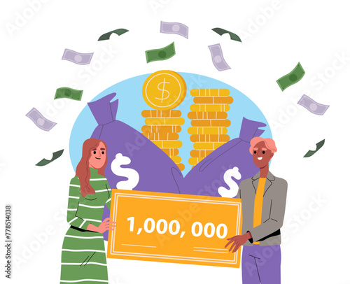 Lottery winners concept. Man and woman with golden check with billion dollars. Money bags and golden coins. Award and reward, prize. Cartoon flat vector illustration isolated on white background © Rudzhan