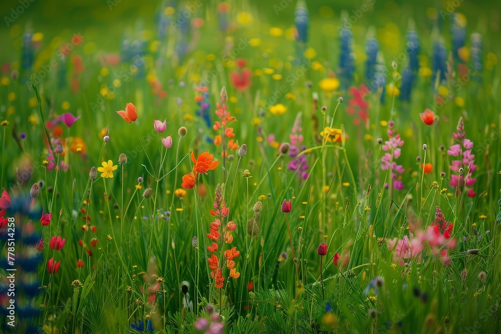 Vibrant spring meadow, colorful wildflowers, lush green grass, nature photography