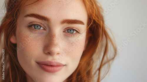 Close-up of a beautiful red-haired girl with freckles looking at the camera on a light background.