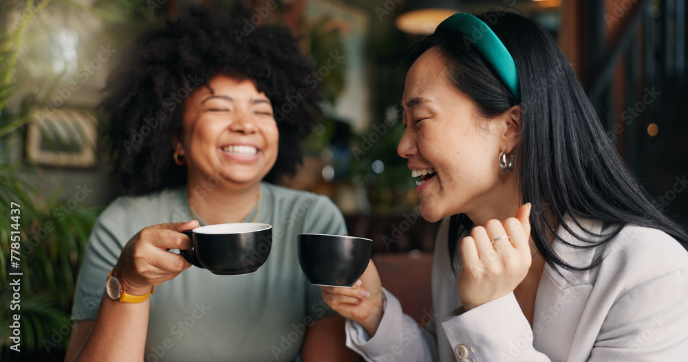 © peopleimages.com - People, friends and laughing with coffee at cafe for funny joke, discussion or break together. Happy group smile enjoying fun conversation with beverage, croissant or cup of tea at indoor restaurant