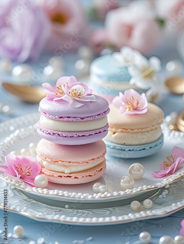 Dreamy Afternoon Tea Delights with Colorful Macaron Decorations and Surrealist Flair.