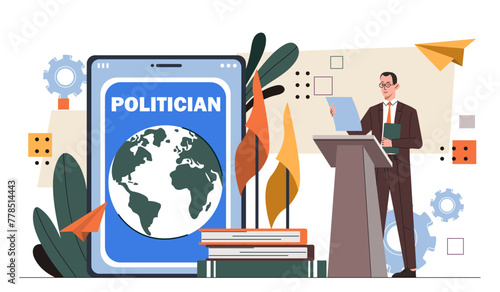Politician performing concept. Public speaker and orator with microphone. Election campaign. Leader at platform for press conference. Cartoon flat vector illustration isolated on white background
