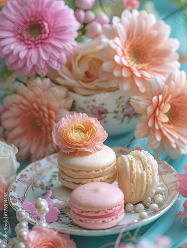 Dreamy Afternoon Tea Delights with Colorful Macaron Decorations and Surrealist Flair. © Lynniee