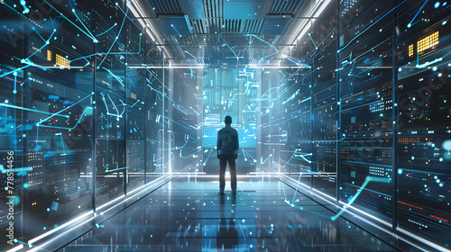 A male IT engineer with a laptop stands in the center of a large server room full of super quantum computers and blue light lines