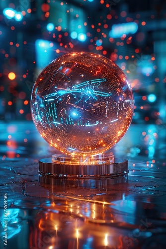 A digital crystal ball, its surface swirling with data streams, forecasting the future with algorithmic precision 
