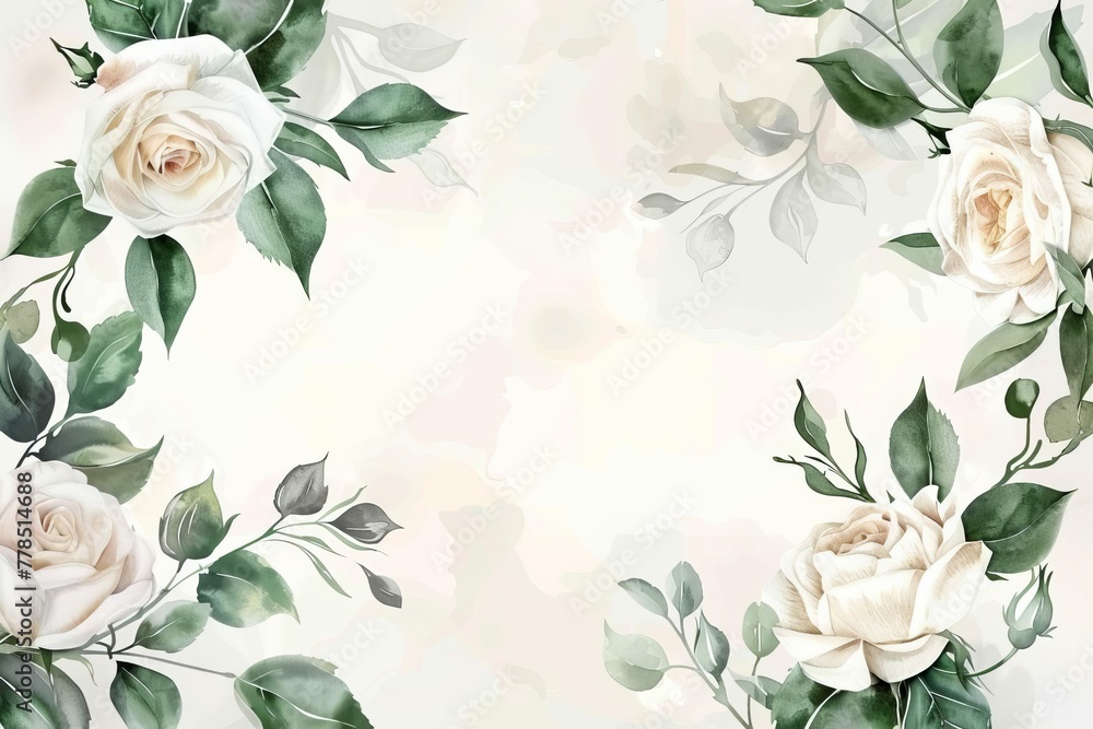 Delicate watercolor floral frame, white cream roses, green leaves, wedding invitation design