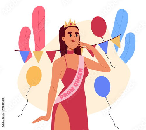 Prom queen concept. Woman in red dress and golden crown with colorful air balloons. Graduation party and event, ceremony. Beauty and elegance, aesthetics. Cartoon flat vector illustration