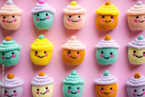 cheerful felt cupcakes in a row with sweet smiles on vibrant pink background