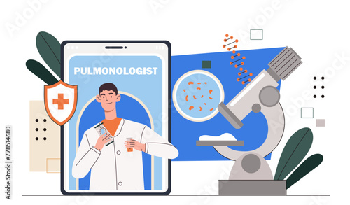 Pulmonologist with equipment concept. Doctor in medical uniform with microscope. Health care and treatment, diagnosis. Bronchial reserach. Cartoon flat vector illustration isolated on white background © Rudzhan