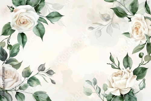Delicate watercolor floral frame, white cream roses, green leaves, wedding invitation design