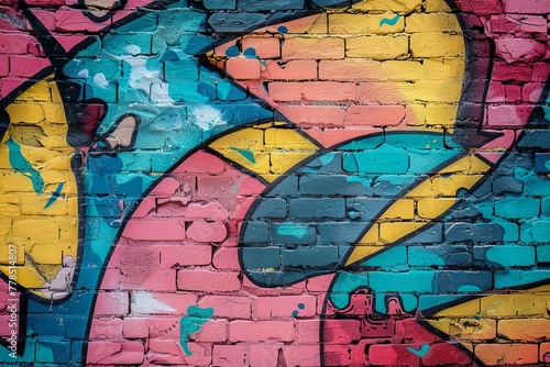 Colorful graffiti on brick wall, urban street art, vibrant youth culture, photography