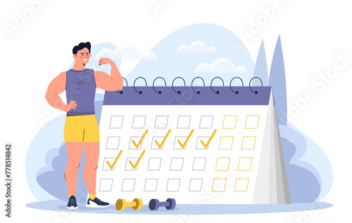 Regular training schedule concept. Man show biceps near calendar and dumbbells. Active lifestyle and sports. Fitness and sports, workout. Cartoon flat vector illustration isolated on white background