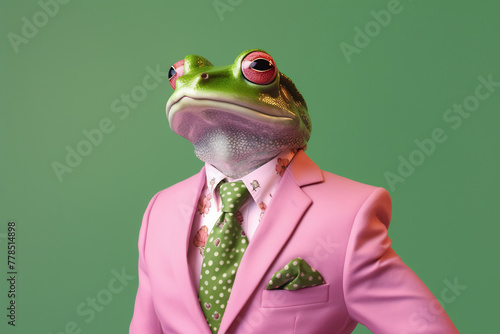 Frog in a pink dotted jacket and tie. Dressed and standing like a businessman