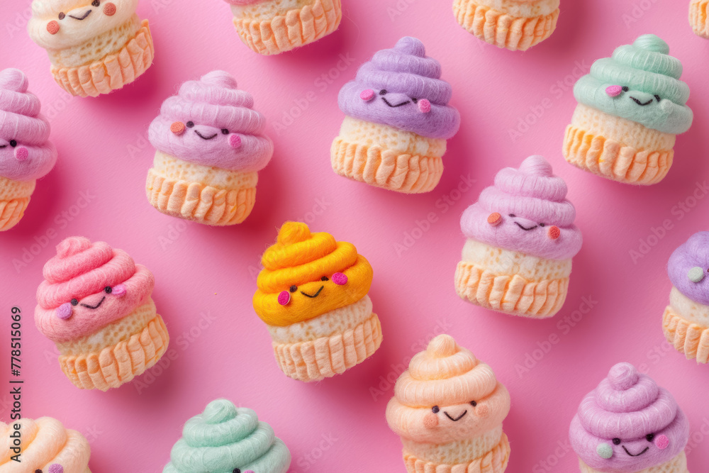 colorful collection of cute felt cupcakes with happy expressions on pink backdrop colorful collection of cute felt cupcakes with happy expressions on pink backdrop