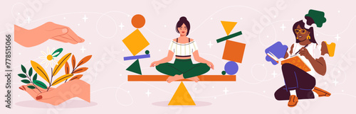 Mental resilience set. Hands with flowers, woman sitting in lotus position and read books. Psychological confidence and inner peace. Cartoon flat vector collection isolated on violet background