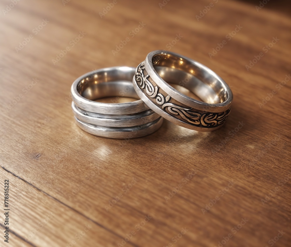 Two wedding rings on a wooden table. Two wedding rings on a wooden table.