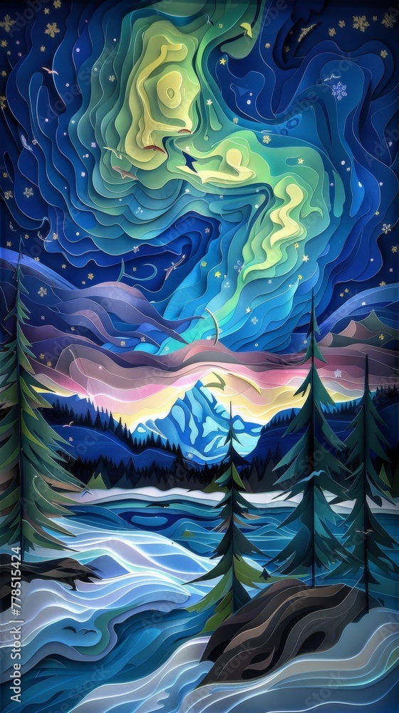 Northern Lights Winter Mountain Snow Night Landscape Paper Cut Phone Wallpaper Background Illustration