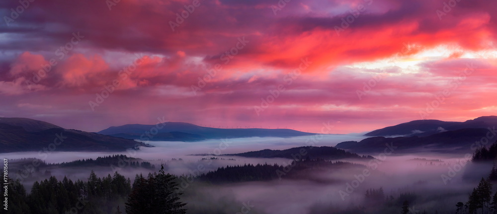 Eerie Beauty: Foggy Forest at Sunset in Trossachs, Scotland