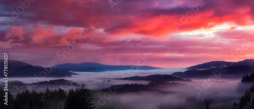 Eerie Beauty: Foggy Forest at Sunset in Trossachs, Scotland