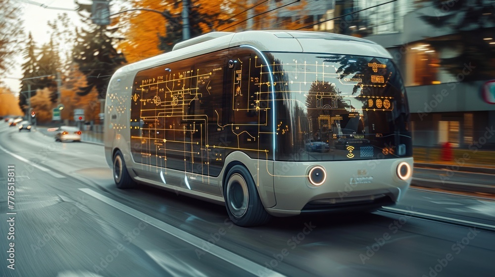 Futuristic Self-Driving Van Moving on a Highway in a Modern City