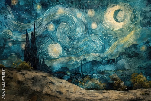 This digital replica of a painting on a textured surface was produced. photo