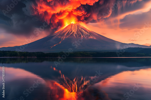 Stunning Spectacle of Mighty Mount Fuji's Fiery Eruption Amid Serene Scenic Setting photo