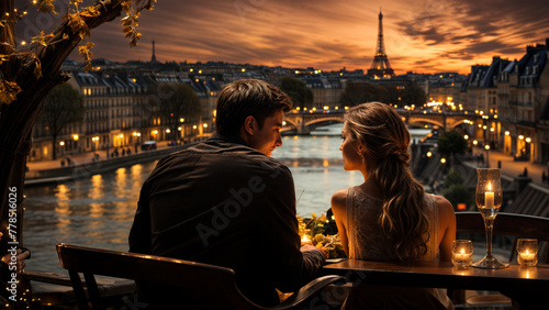 Romantic couple sitting in a cafe on the Seine at sunset
