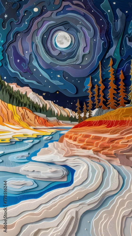 Yellowstone Prismatic Spring Winter Night Landscape Paper Cut Phone Wallpaper Background Illustration	
