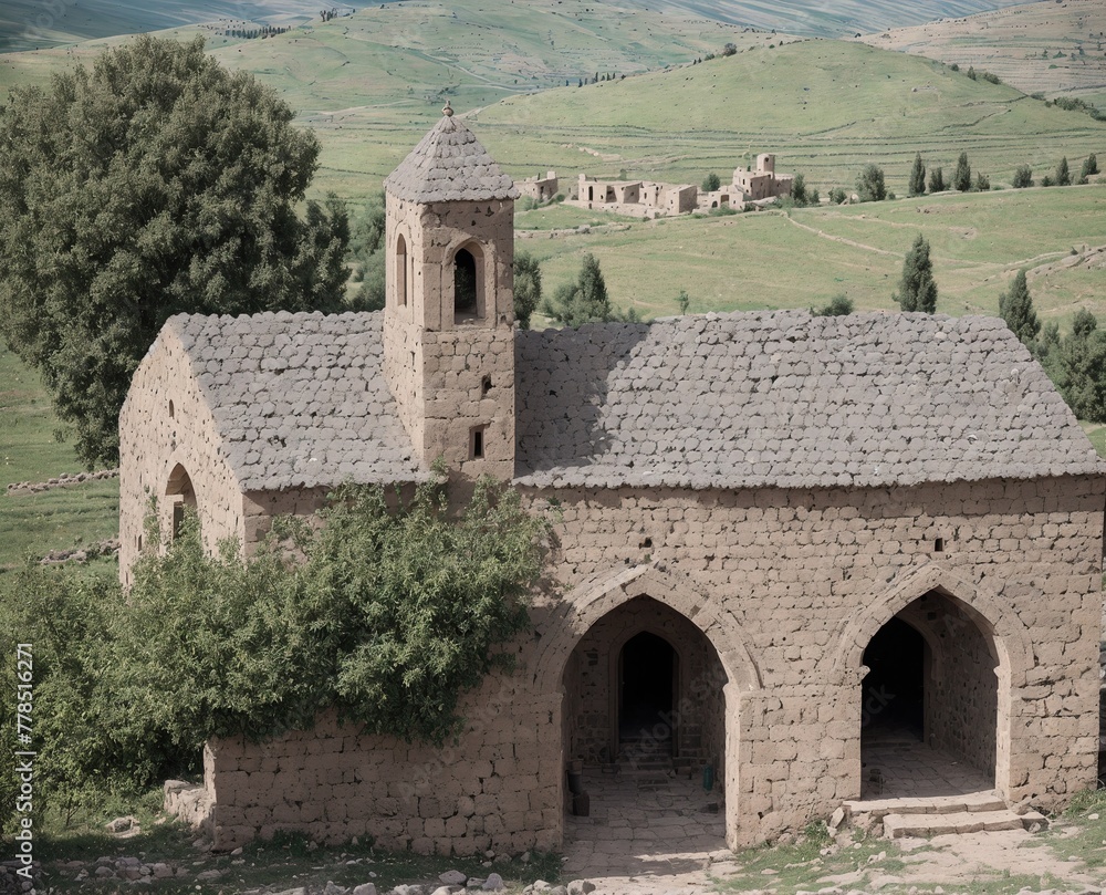 A small, stone church with a steeple on top of a hill in the middle of a green valley. A small, stone church with a steeple on top of a hill in the middle of a green valley.