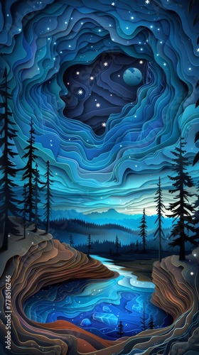 Yellowstone Prismatic Spring Winter Night Landscape Paper Cut Phone Wallpaper Background Illustration	
