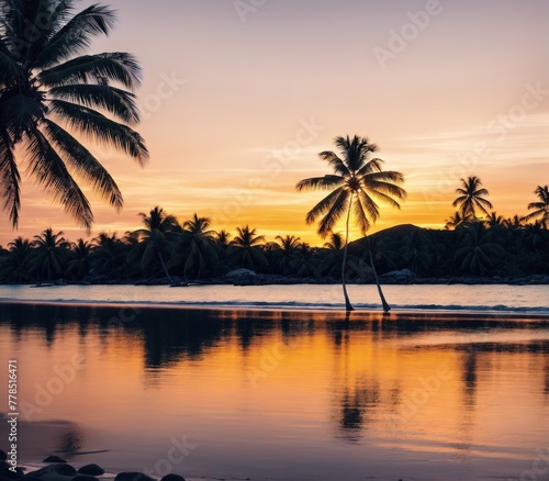 A beautiful sunset over the ocean with palm trees on the beach. © Miklos