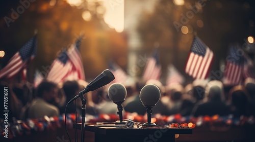 Close Shot of Microphones on an Unoccupied Podium, Surrounded by Small American Flags Amidst a Blurred Political Rally Audience photo