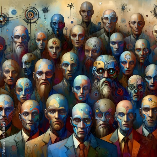 Digital painting of a large group of strange people. Modern art graphic illustration.