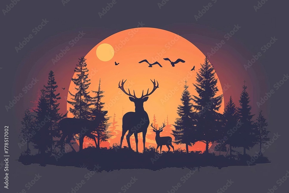 Deer Family Silhouette in Forest at Sunset, Wildlife Adventure Hunting Landscape, Vector Logo