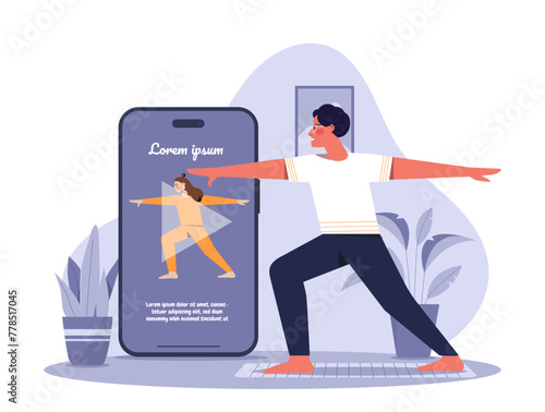 Yoga mobile app concept. Man with application for training and workout at home. Young guy stretching indoors. Online courses and lessons. Cartoon flat vector illustration isolated on white background