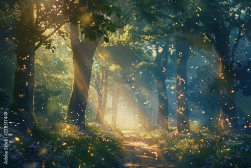 Magical Forest Landscape with Beautiful Light Leaks and Glowing Fireflies, Fantasy Digital Painting