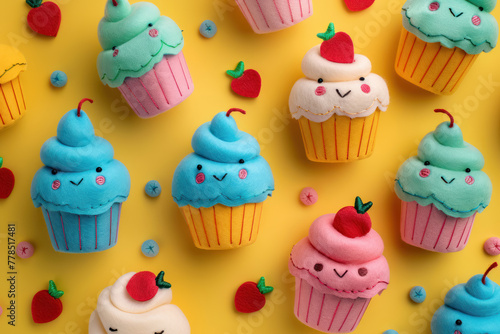 adorable handmade felt cupcakes with cute faces on a yellow background