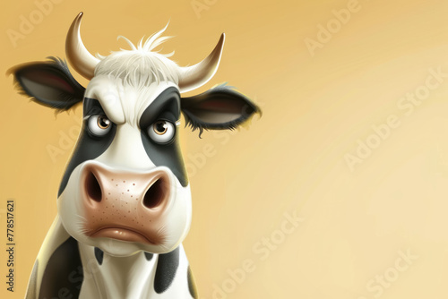 illustration of an angry cow with wide eyes on a warm yellow background, copy space for text 