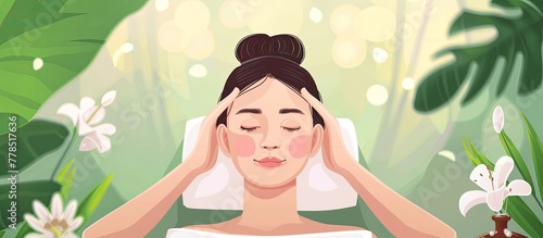 A woman is receiving a relaxing head massage at a spa, with closed eyes and a slight smile on her face. Her body is draped with a towel, and the therapists gentle gestures make her happy