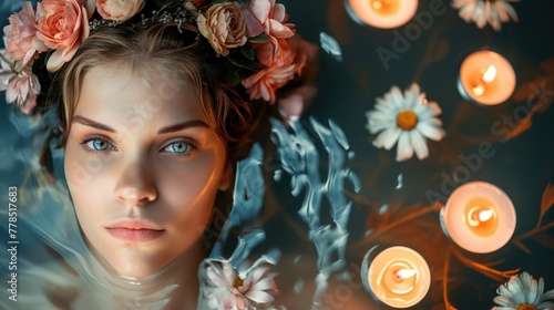 Portrait of a beautiful young woman with flowers in hair floating in water with candles top view. Midsummer day, Saint John's Day, Ivan Kupala concept photo
