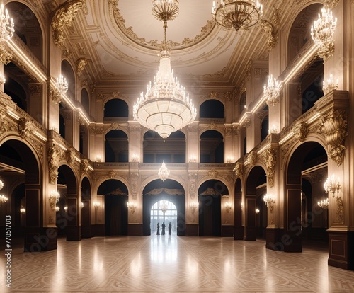 A large  ornate room with high ceilings and chandeliers.
