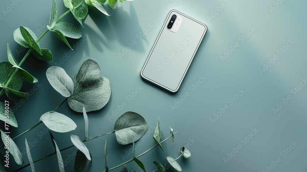 Top view of smartphone with green case and eucalyptus leaves on green background. Mock up
Top view of smartphone with green case and eucalyptus leaves on green background. Mock up