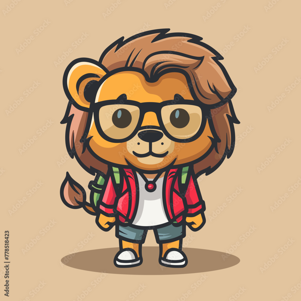 A cartoon lion wearing glasses and a red jacket. The lion is smiling and holding a backpack. The image has a playful and lighthearted mood