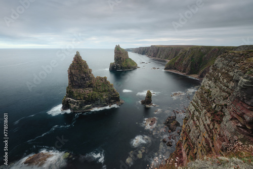 A landscape shot of some coastal stacks at Duncansby in Caithness Scotland. Duncansby Stacks, Scotland, UK. High quality photo.