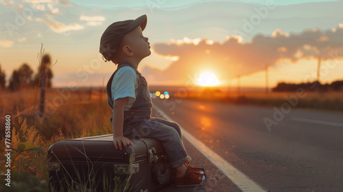 little boy sits on a suitcase by the road at sunset and waits for a car, dreaming of a trip. © kosoff
