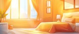 A bedroom with a wooden bed, nightstand with a lamp, and a window with amber curtains. The interior design of the house includes yellow walls, orange flooring, and cozy vibes