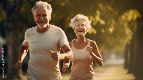 Happy Senior Couple Enjoying a Morning Run Together in the Beautiful Green Park photo