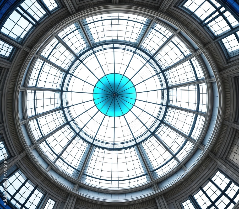 A photograph of a large, circular skylight in the ceiling of a building.