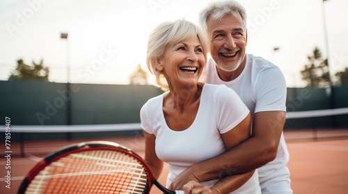 Happy elderly couple in sporty outfits smiling on tennis court, enjoying active lifestyle together
